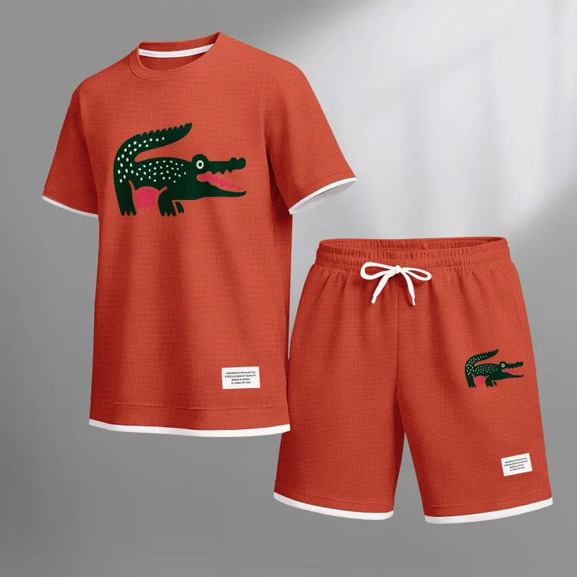 Men's Funny Crocodile Print Waffle Fabric Short-Sleeved Shirt And Shorts Set
