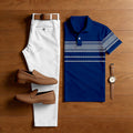 Men's Casual Royal Blue Geometric Printed Polo Shirt And Pants Two-Piece Set204839