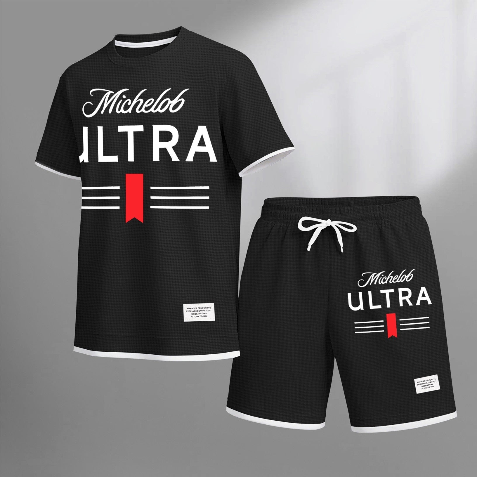 Men's vintage beverage print drawstring shorts set, suitable for spring and summer wear. This casual summer set includes a short-sleeved shirt and shorts, perfect for everyday wear and sports. Two-piece set design.