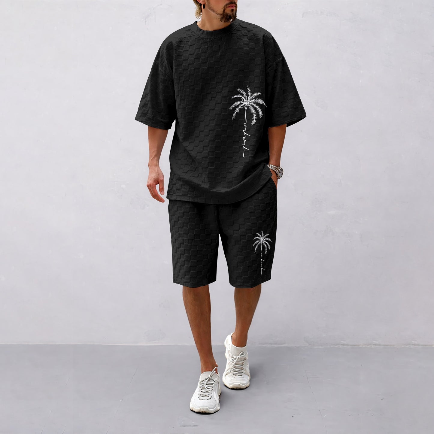 Men's Spring and Summer Palm Tree Print Checkered Fabric Drawstring Shorts Set, Casual Summer Outfit with Short-Sleeved Shirt and Shorts, Ideal for Everyday Wear and Sports Activities.