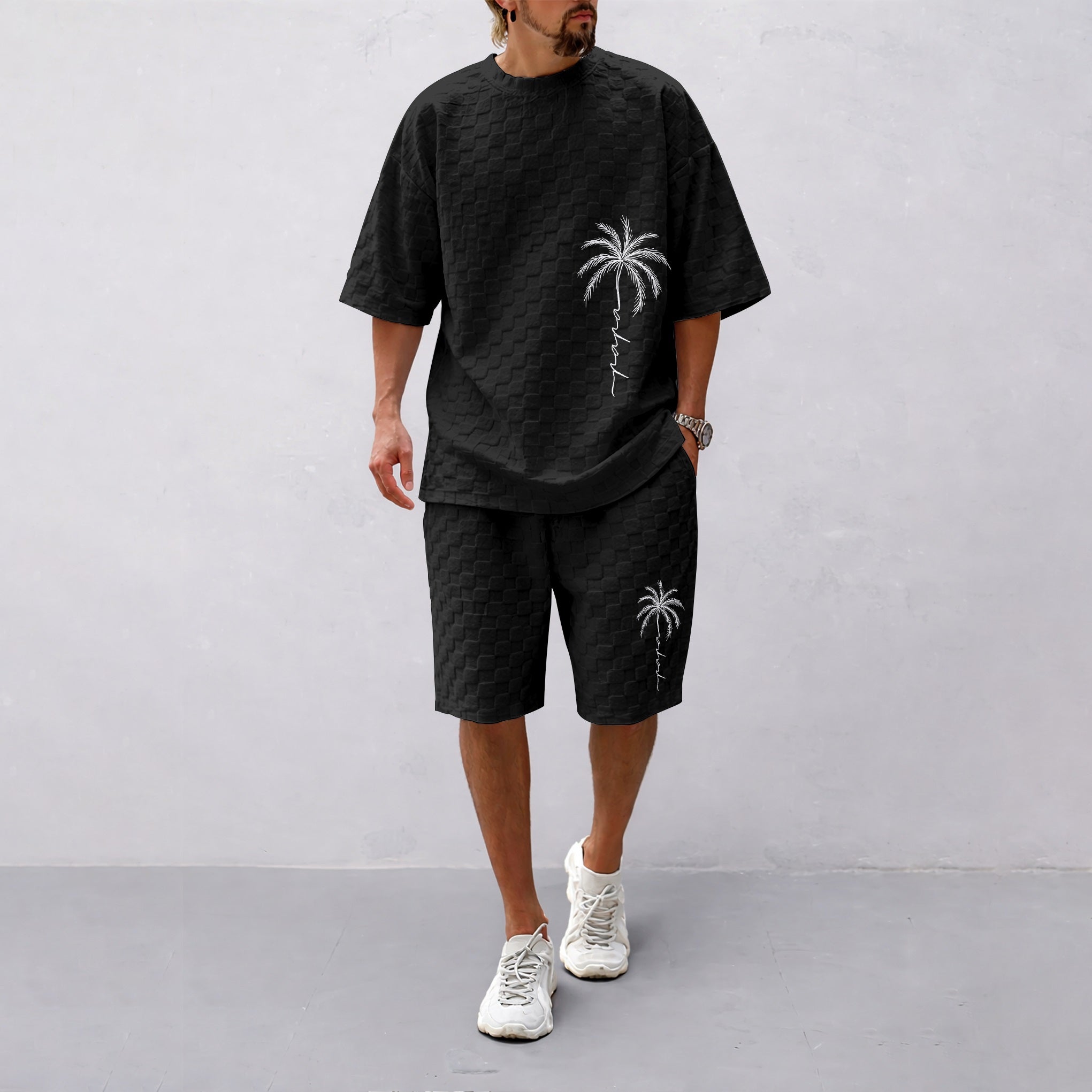 Men's Spring and Summer Palm Tree Print Checkered Fabric Drawstring Shorts Set, Casual Summer Outfit with Short-Sleeved Shirt and Shorts, Ideal for Everyday Wear and Sports Activities.