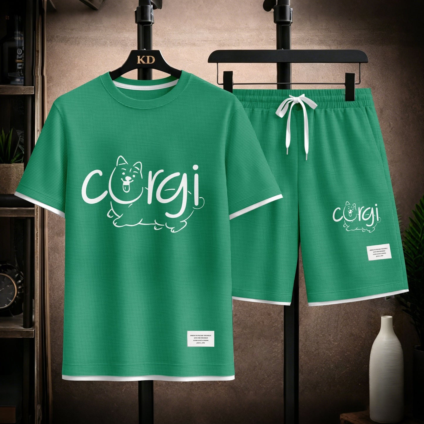 Men's Corgi Graphic Print Short Sleeve Shirt and Drawstring Shorts Set, Casual Summer Two-Piece Outfit, Lightweight Breathable Relaxed Fit Athletic Set for Daily Wear, Beach, Vacation, Travel and Loungewear