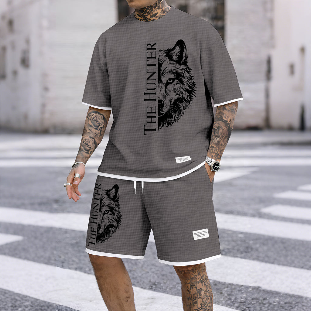 Men's "The Hunter" Wolf Head Graphic Print Waffle Short Sleeve T-Shirt & Shorts Set, Summer Lightweight Casual Sporty Two-Piece Outfit, Streetwear for Gym & Daily Wear
