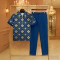 Men's Casual Navy Blue Color Matching Retro Style Baroque Printed Zipper Short Sleeved Polo Shirt & Trousers Two-Piece Set