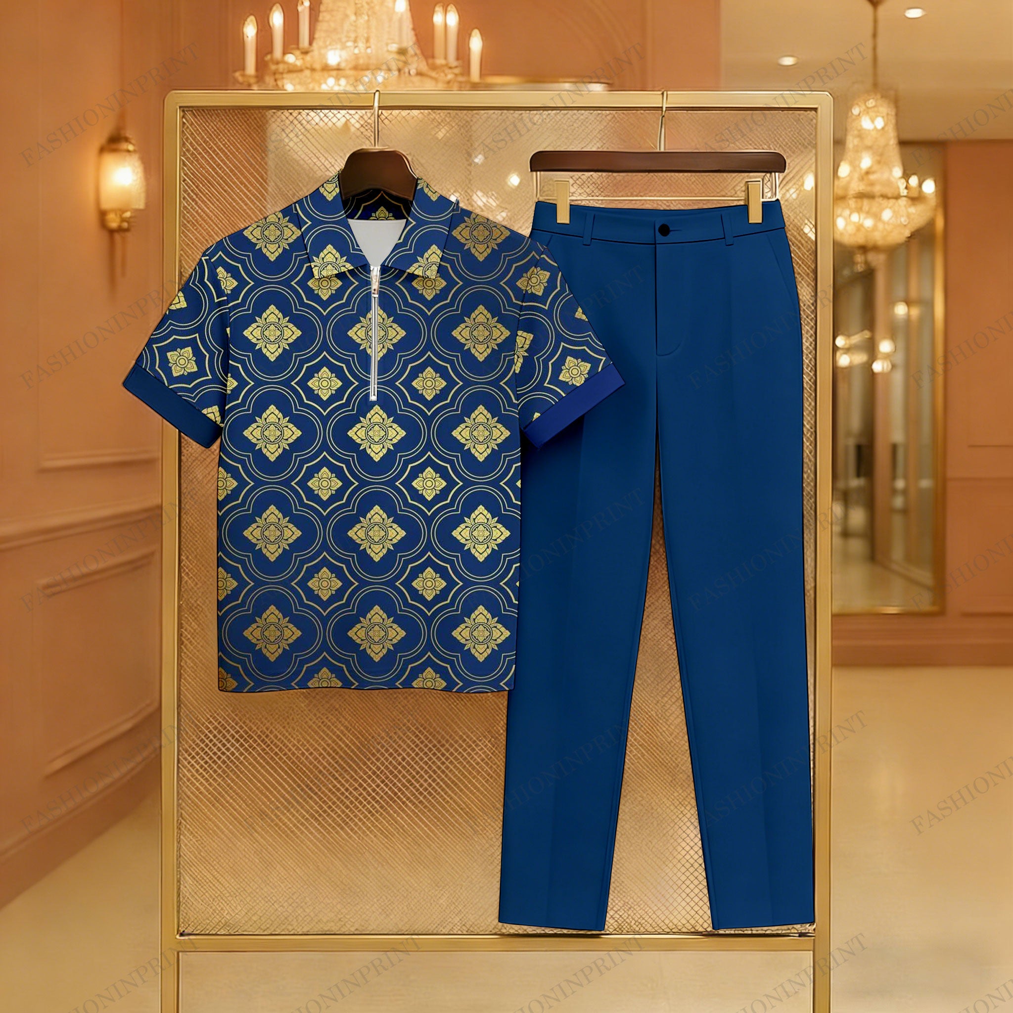 Men's Casual Navy Blue Color Matching Retro Style Baroque Printed Zipper Short Sleeved Polo Shirt & Trousers Two-Piece Set