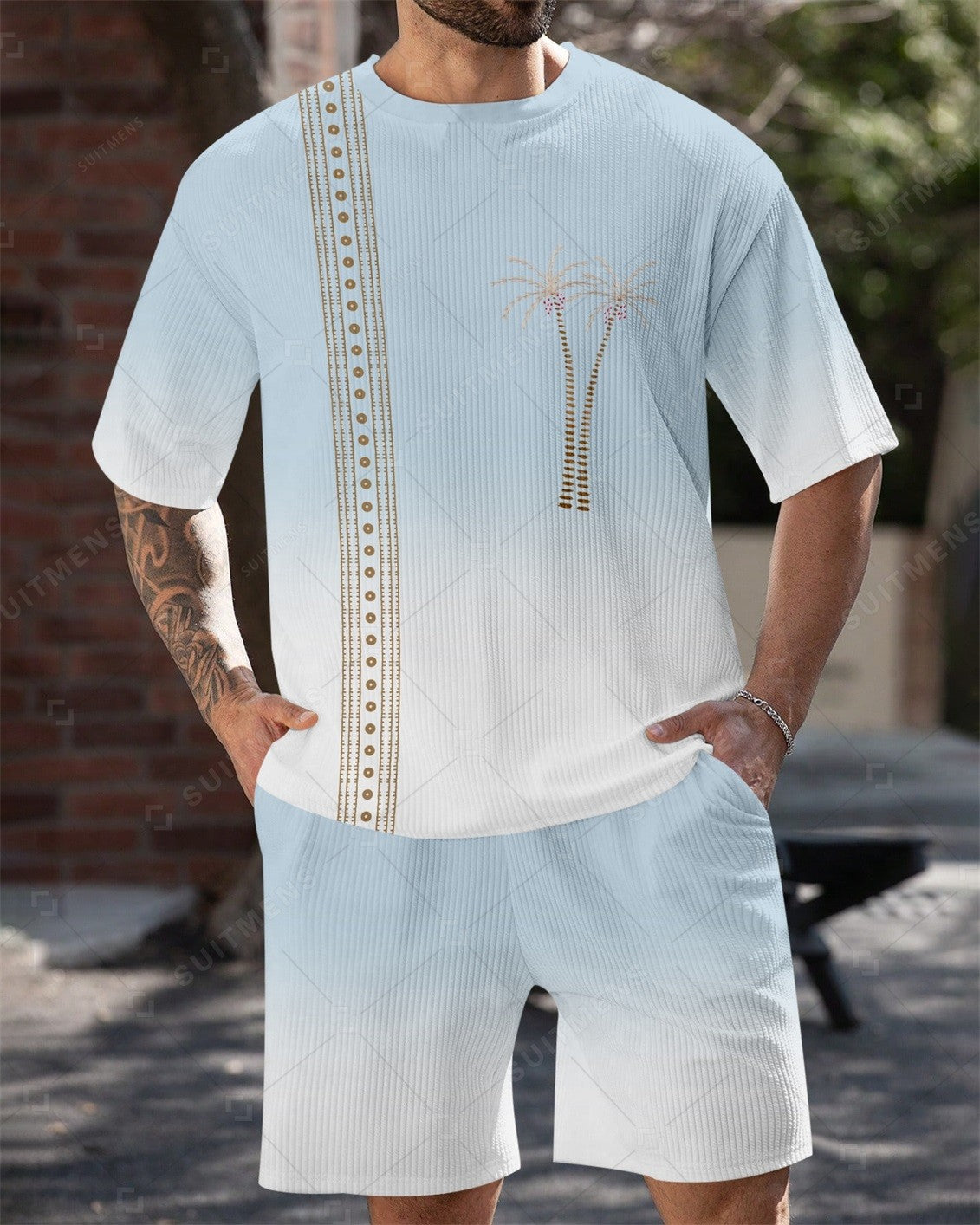 Men's Simple Color Matching Summer Round Neck Set 187