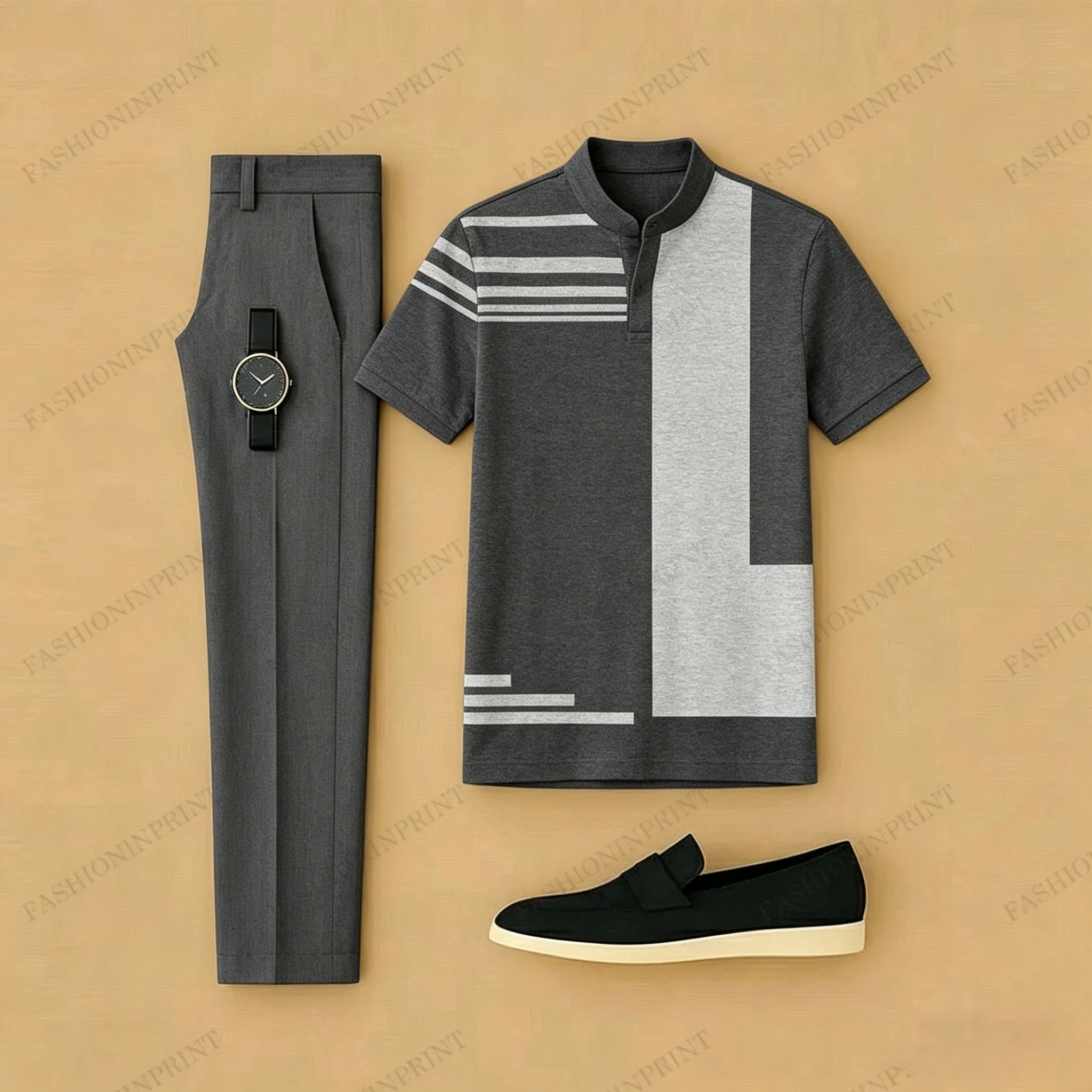 Men's Casual Gray Geometry Printed Short-Sleeve T-Shirt And Pants Two-Piece Set