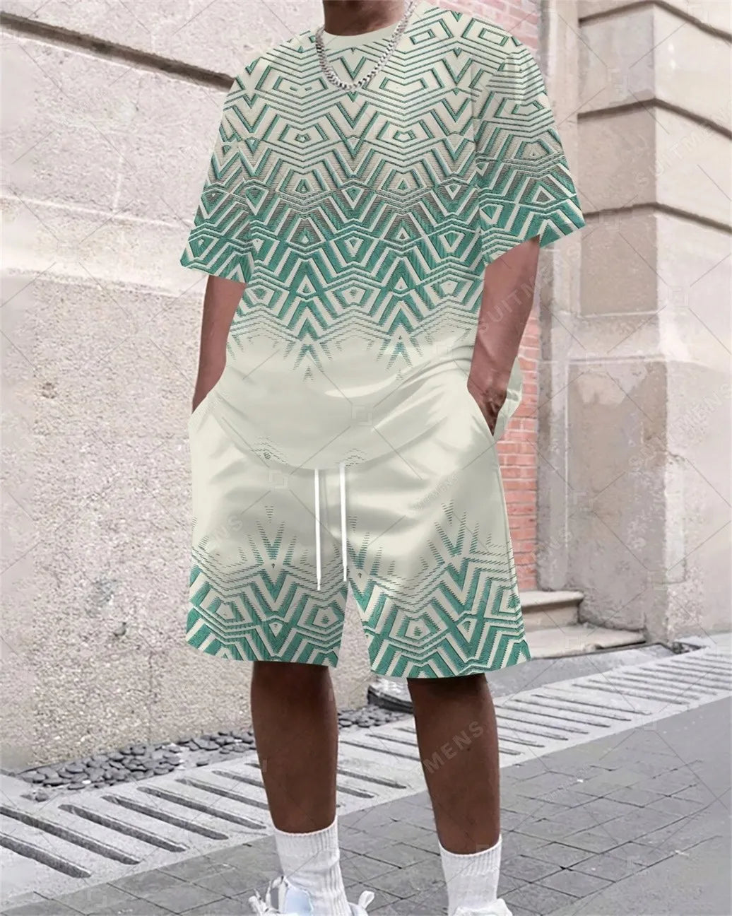 Men's Summer Gradient Print Round Neck Set 372