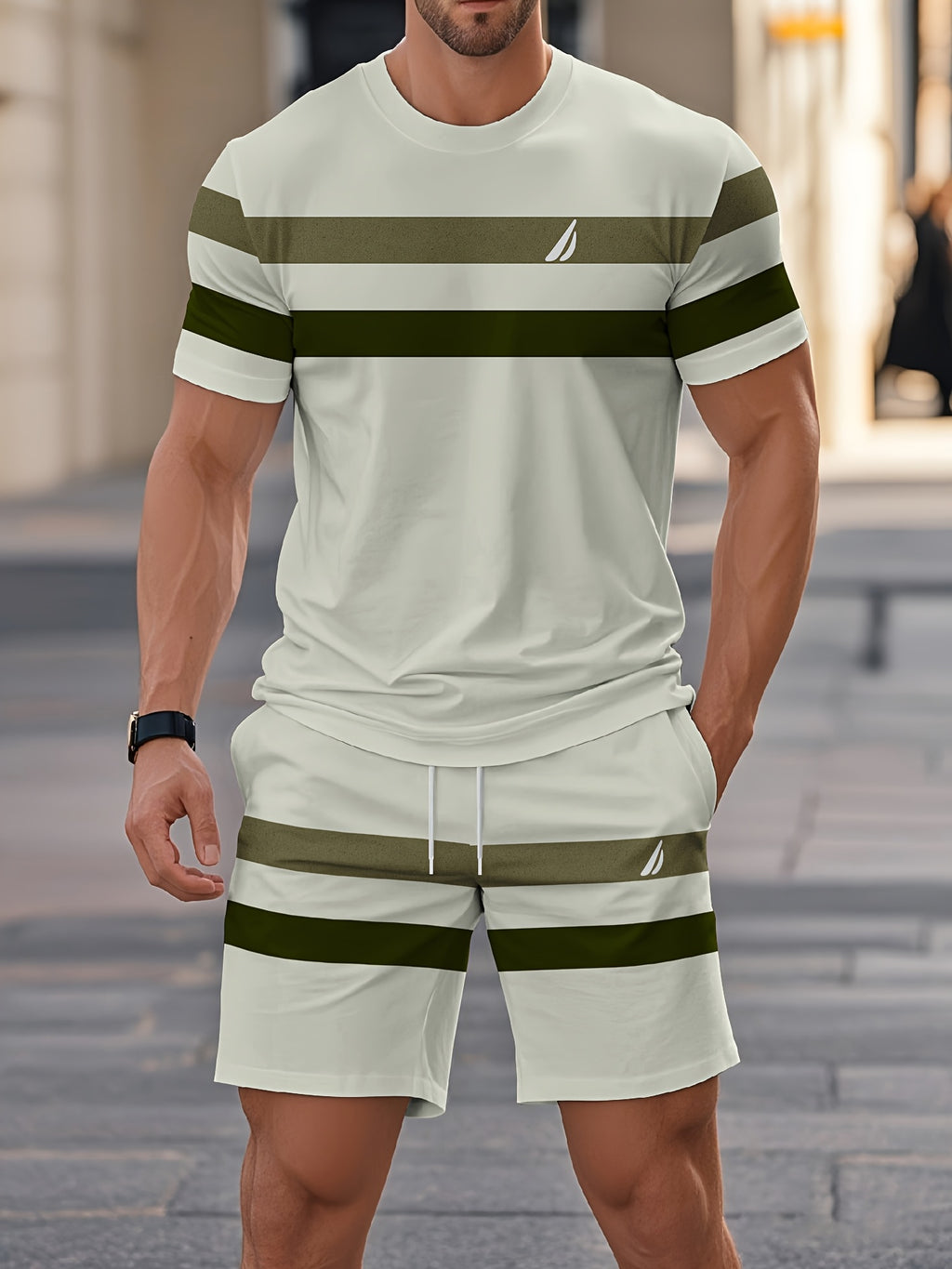 Men's Summer Striped Print Round Neck Set 939