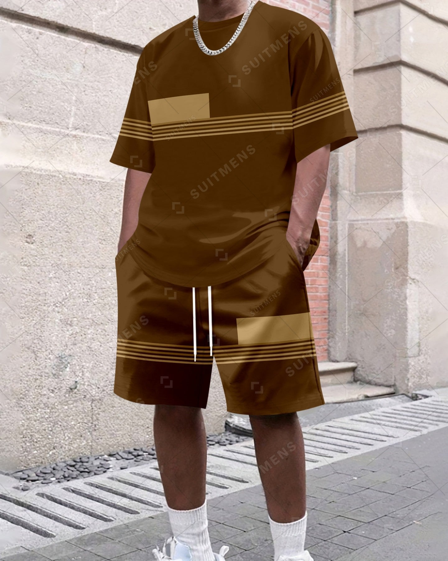 Men's Summer Colorblock Printed Round Neck Set 418