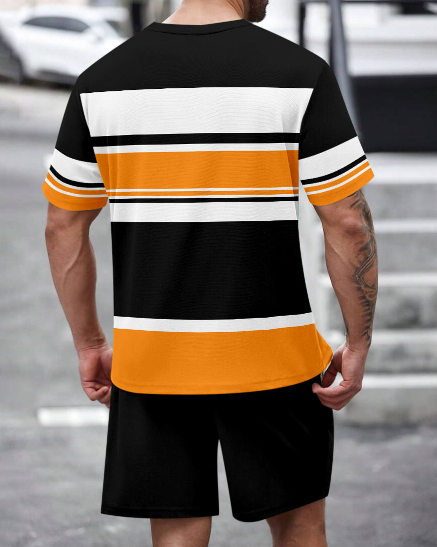 Men's Summer Colorblock Printed Round Neck Set 469