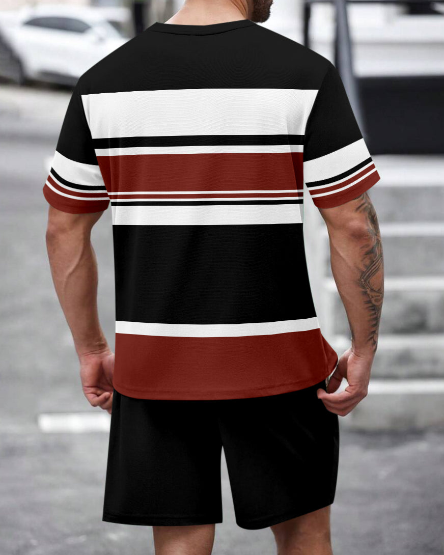 Men's Summer Colorblock Printed Round Neck Set 468