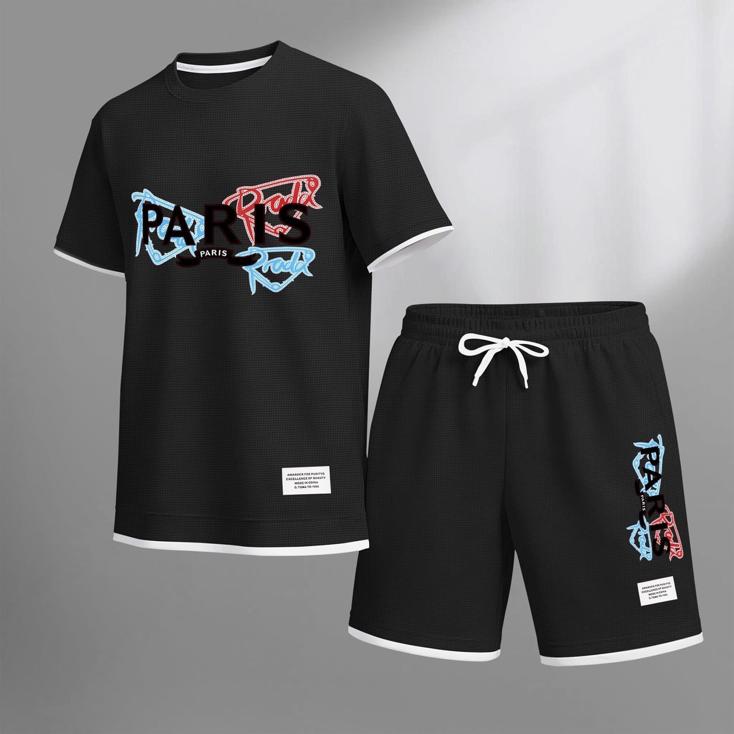 Men's PARIS Red & Blue Graffiti Letter Print Short Sleeve T-Shirt & Shorts Set, Summer Lightweight Waffle Sporty Casual Two-Piece Outfit, Streetwear for Gym & Daily Wear
