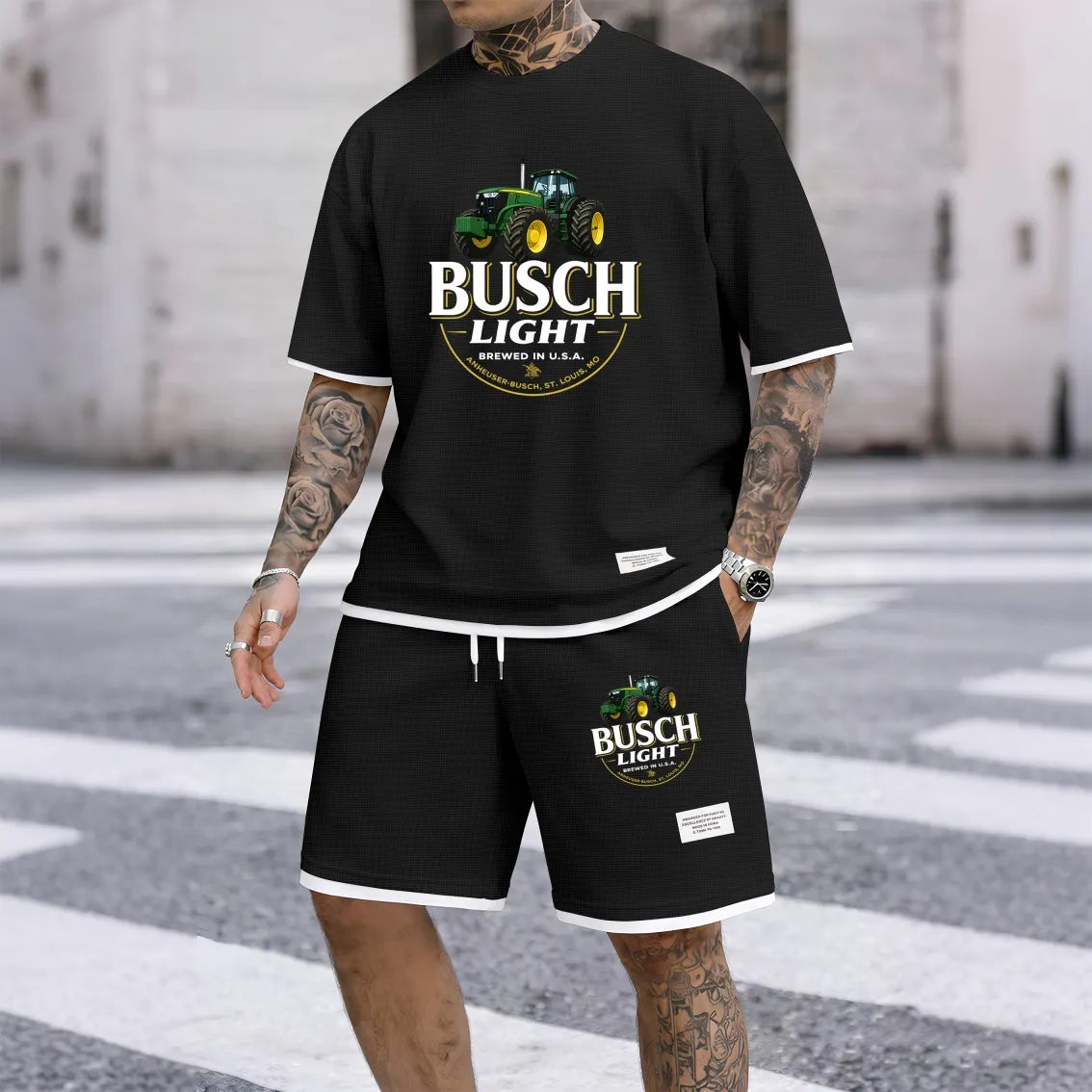 Men's Outdoor Iced Beer Print Waffle Fabric Short-Sleeved Shirt And Shorts Set