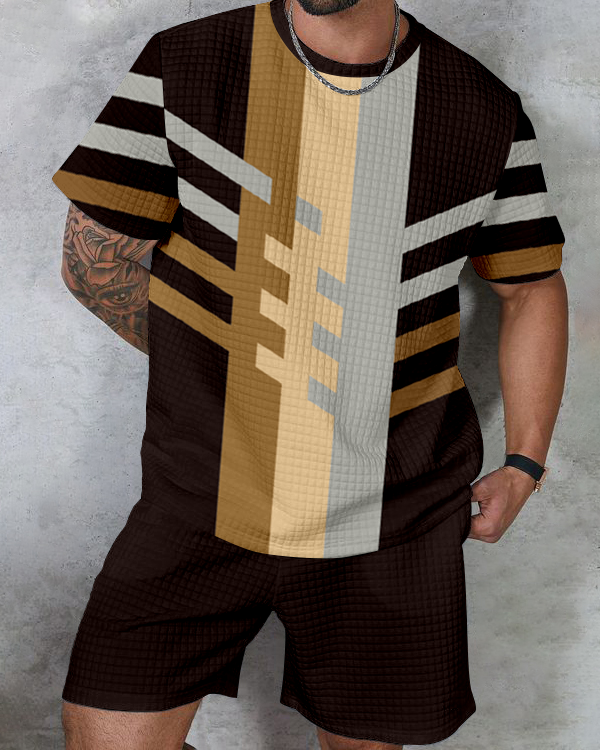 Men's textured waffle texture printed shorts Set 003