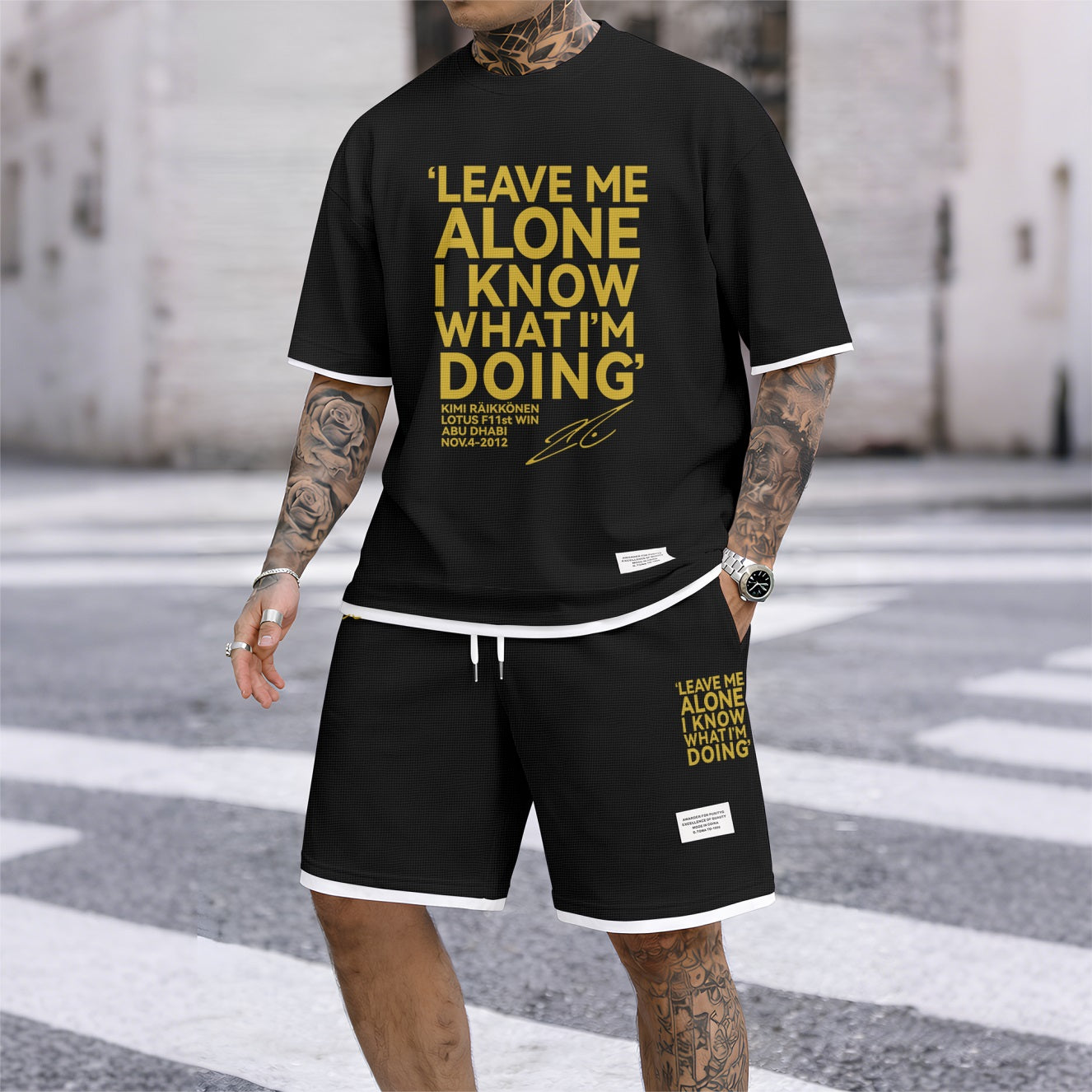 Men's Racing Driver Quotes Print Waffle Fabric Short-Sleeved Shirt And Shorts Set