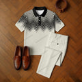 Men's Casual Beige & Black Color Matching Ethnic Style Printed Short Sleeved Polo Shirt & Trousers Two-Piece Set