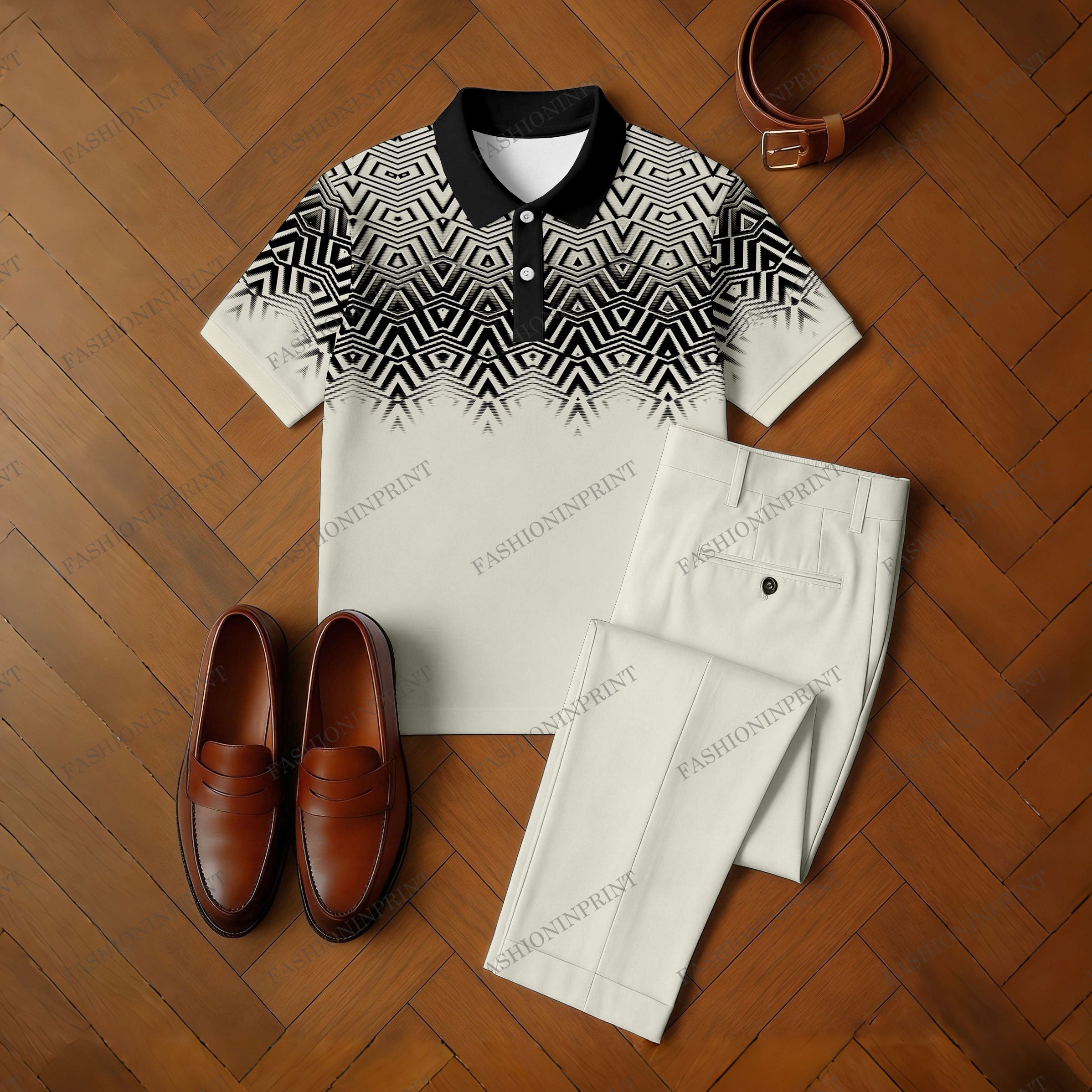 Men's Casual Beige & Black Color Matching Ethnic Style Printed Short Sleeved Polo Shirt & Trousers Two-Piece Set