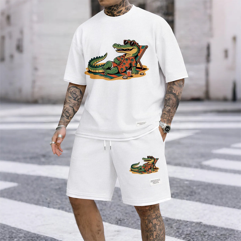 Men's Vacation Funny Animal Graphic Print Short Sleeve Shirt and Drawstring Shorts Set, Casual Summer Two-Piece Outfit, Lightweight Breathable Relaxed Fit Sportswear, Stylish Comfortable Daily Wear Beach Vacation Travel Loungewear