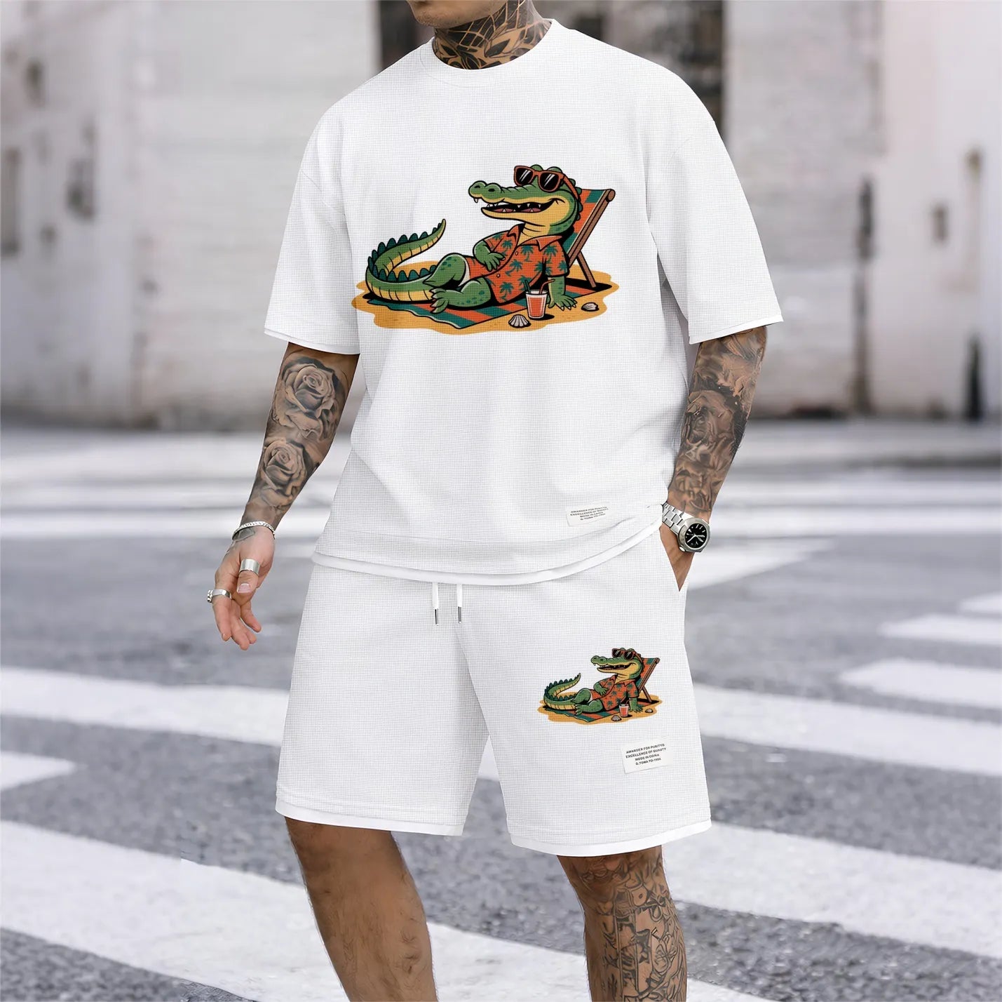 Men's Vacation Funny Animal Graphic Print Short Sleeve Shirt and Drawstring Shorts Set, Casual Summer Two-Piece Outfit, Lightweight Breathable Relaxed Fit Sportswear, Stylish Comfortable Daily Wear Beach Vacation Travel Loungewear