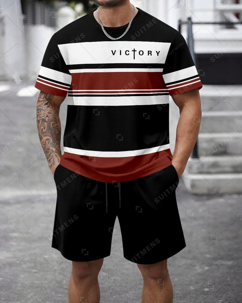 Men's Summer Colorblock Printed Round Neck Set 468