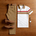 Men's Casual White Color Matching Striped Short Sleeved Polo Shirt & Khaki Trousers Two-Piece Set Polo Shirt Set 201960