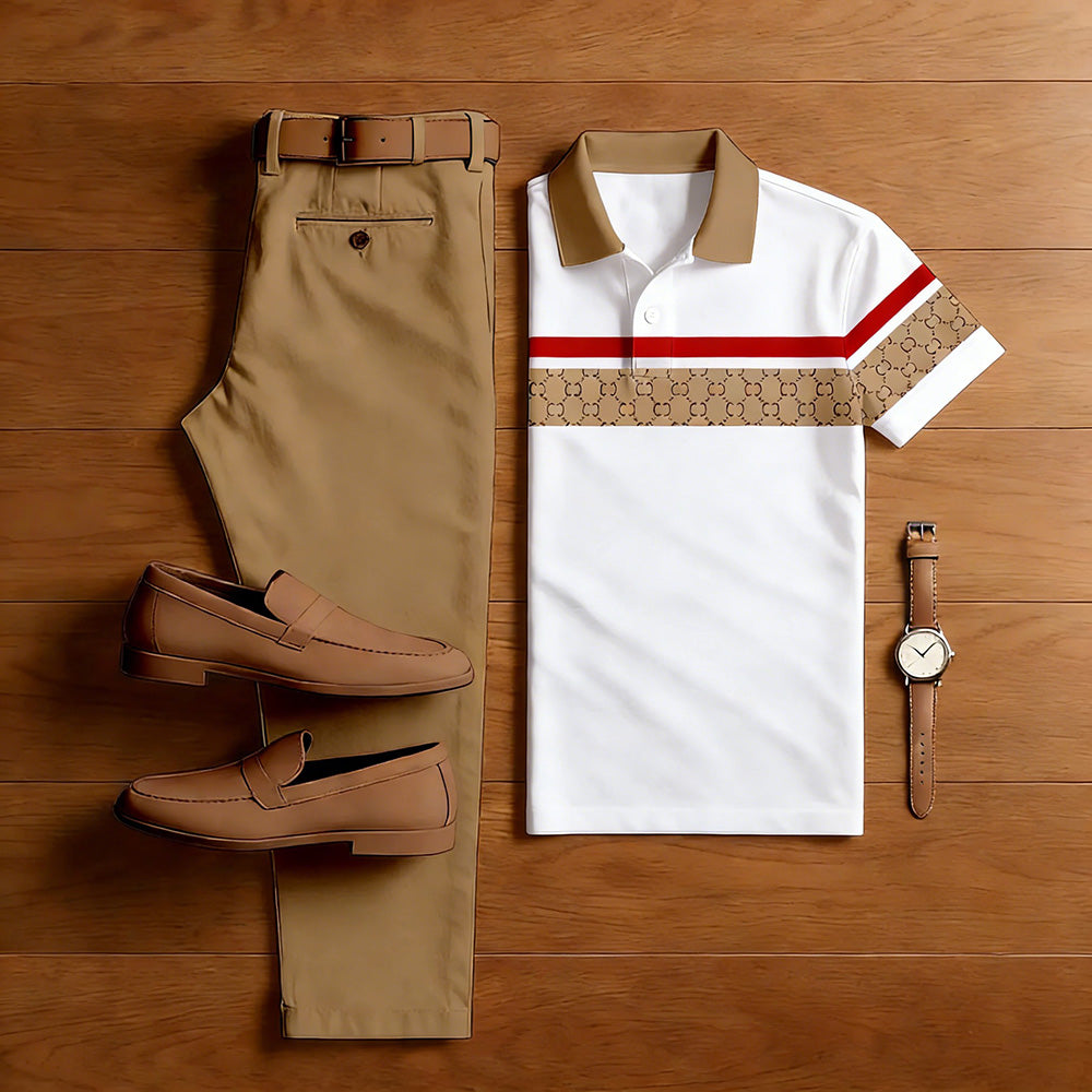 Men's Casual White Color Matching Striped Short Sleeved Polo Shirt & Khaki Trousers Two-Piece Set Polo Shirt Set 201960