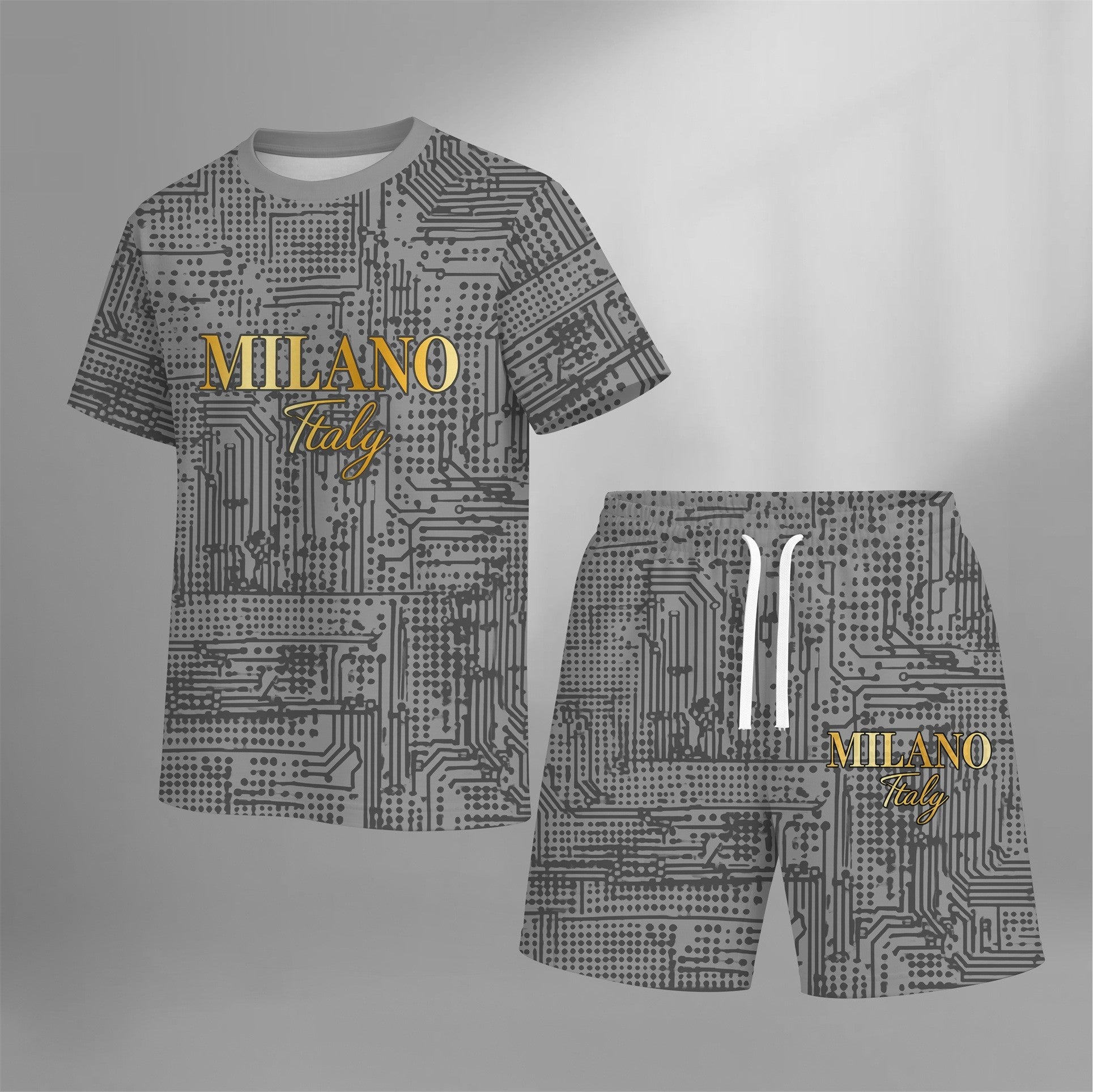Men’s MILANO Graphic 2 Piece Outfit, Short Sleeve Tee and Drawstring Shorts Set, Breathable Casual Summer Set for Gym, Running, Vacation, Beach and Outdoor