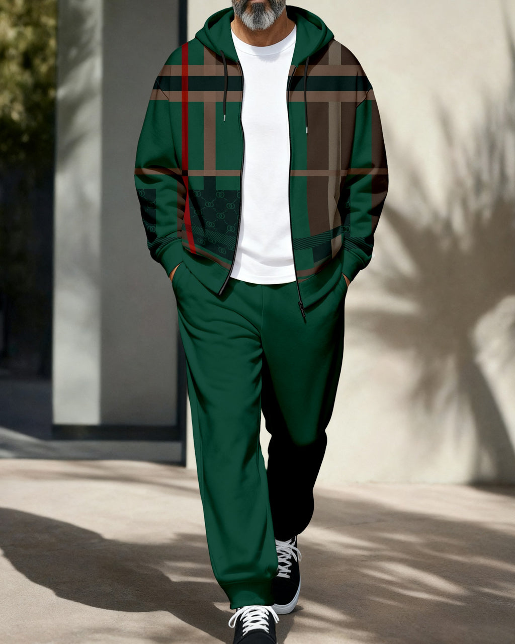 Men's Retro Luxury Thickened Fleece Colorblock Jacket Sports Hoodie Set 04