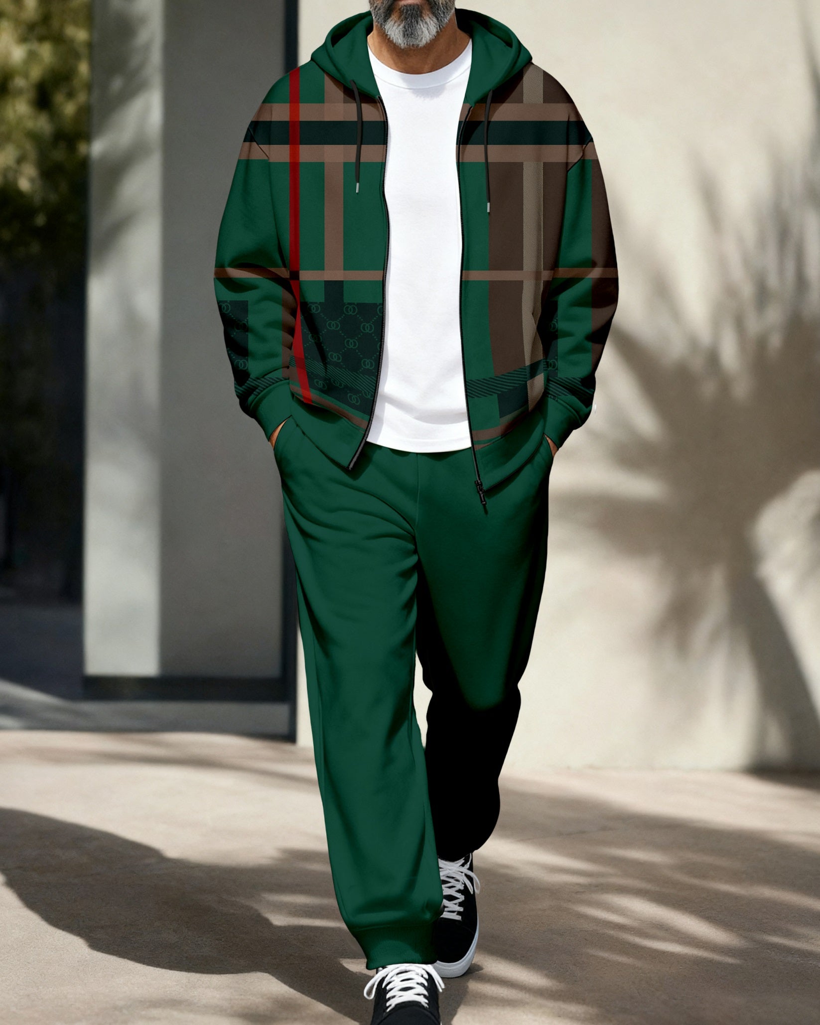 Men's Retro Luxury Thickened Fleece Colorblock Jacket Sports Hoodie Set 04