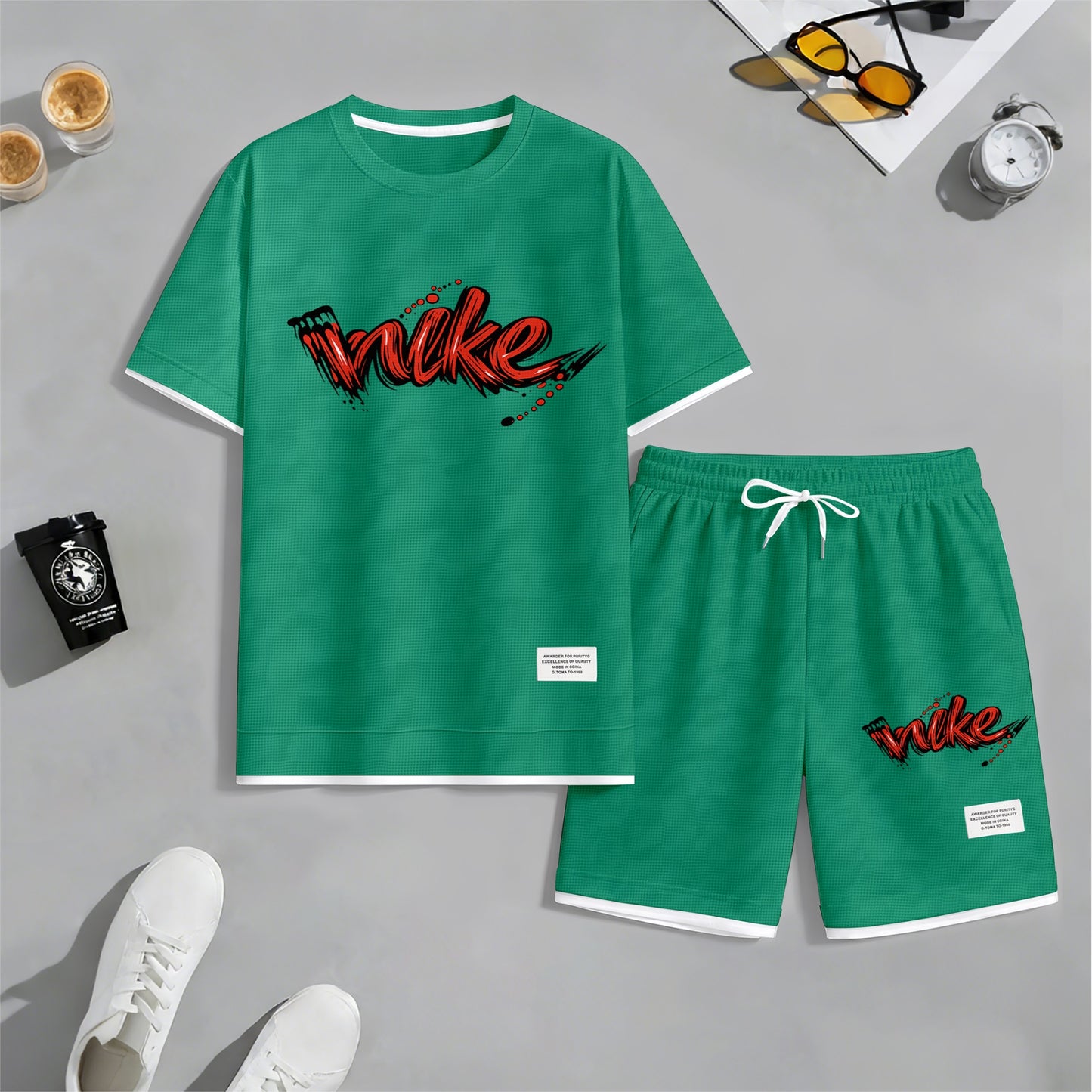 Men's Red Graffiti-Style Art Letter Print Fake Two-Piece Short Sleeve T-Shirt & Shorts Set, Summer Waffle Breathable Sporty Casual Two-Piece Outfit, Streetwear Gym Training Activewear