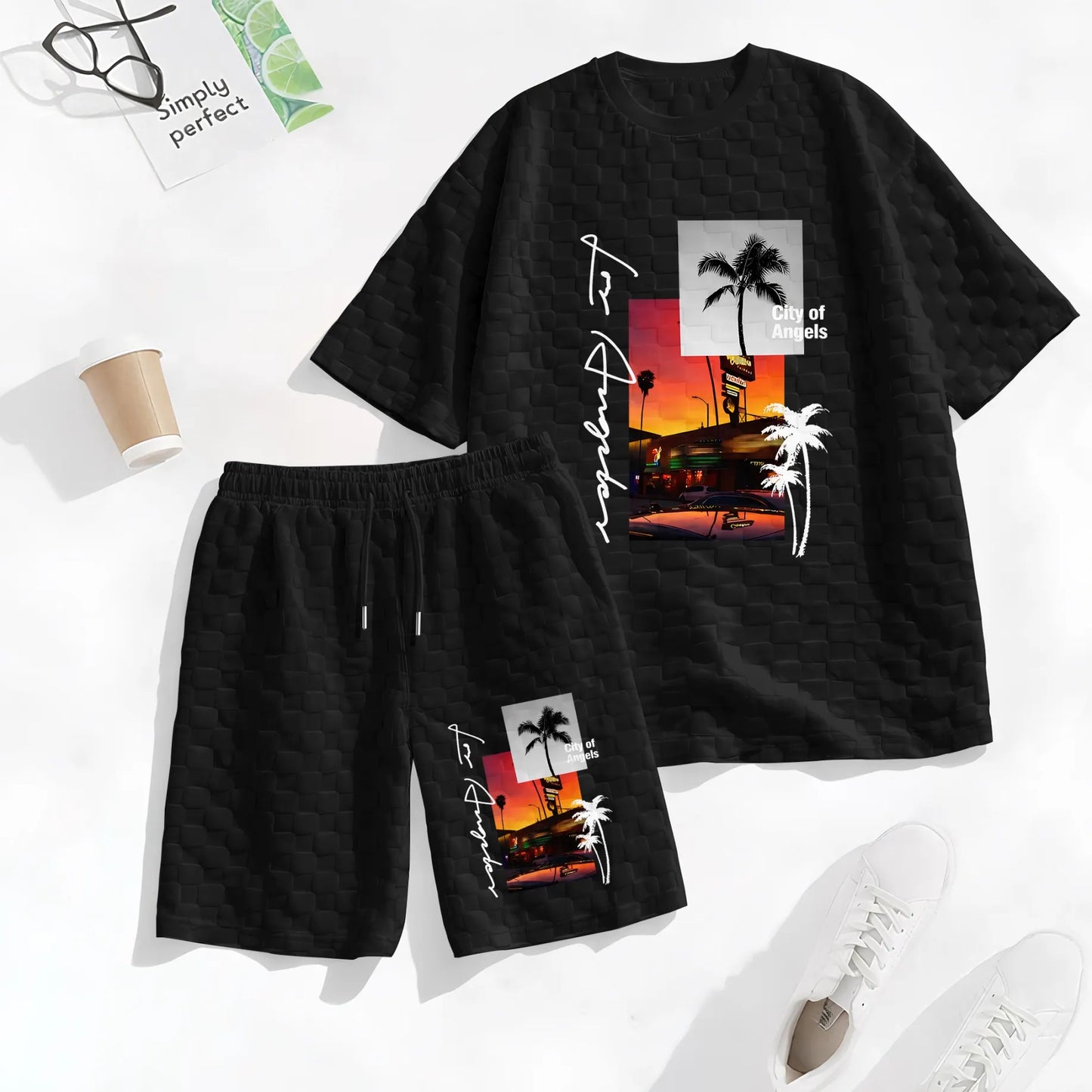 Men's Resort Graphic Print Spring And Summer Drawstring Shorts Set, A Casual Summer Outfit, Including A Short-Sleeved Shirt And Shorts, Suitable For Everyday Wear And Sports Activities.