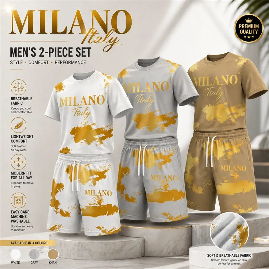 Men’s MILANO Graphic T Shirt and Shorts Set, Italy Inspired 2 Piece Matching Outfit with Short Sleeve Tee and Elastic Waist Drawstring Shorts, Soft Breathable Summer Set for Holiday, Street Style, Travel, and Everyday Wear