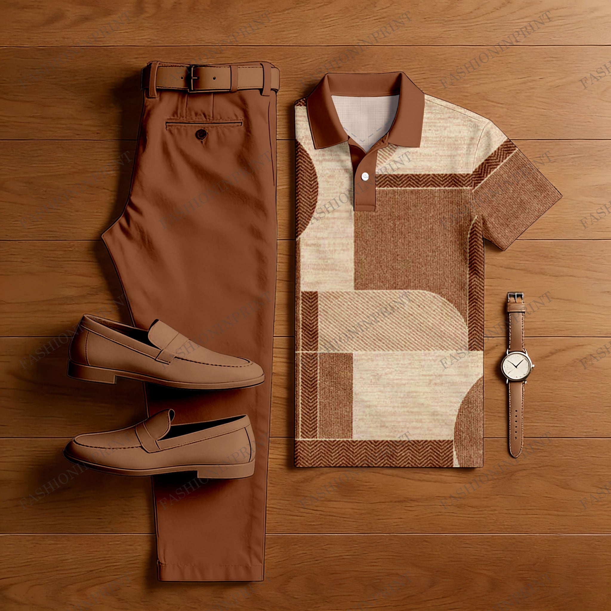Men's Casual Orange & Khaki Color Matching Geometric Printed Short Sleeved Polo Shirt & Trousers Two-Piece Set