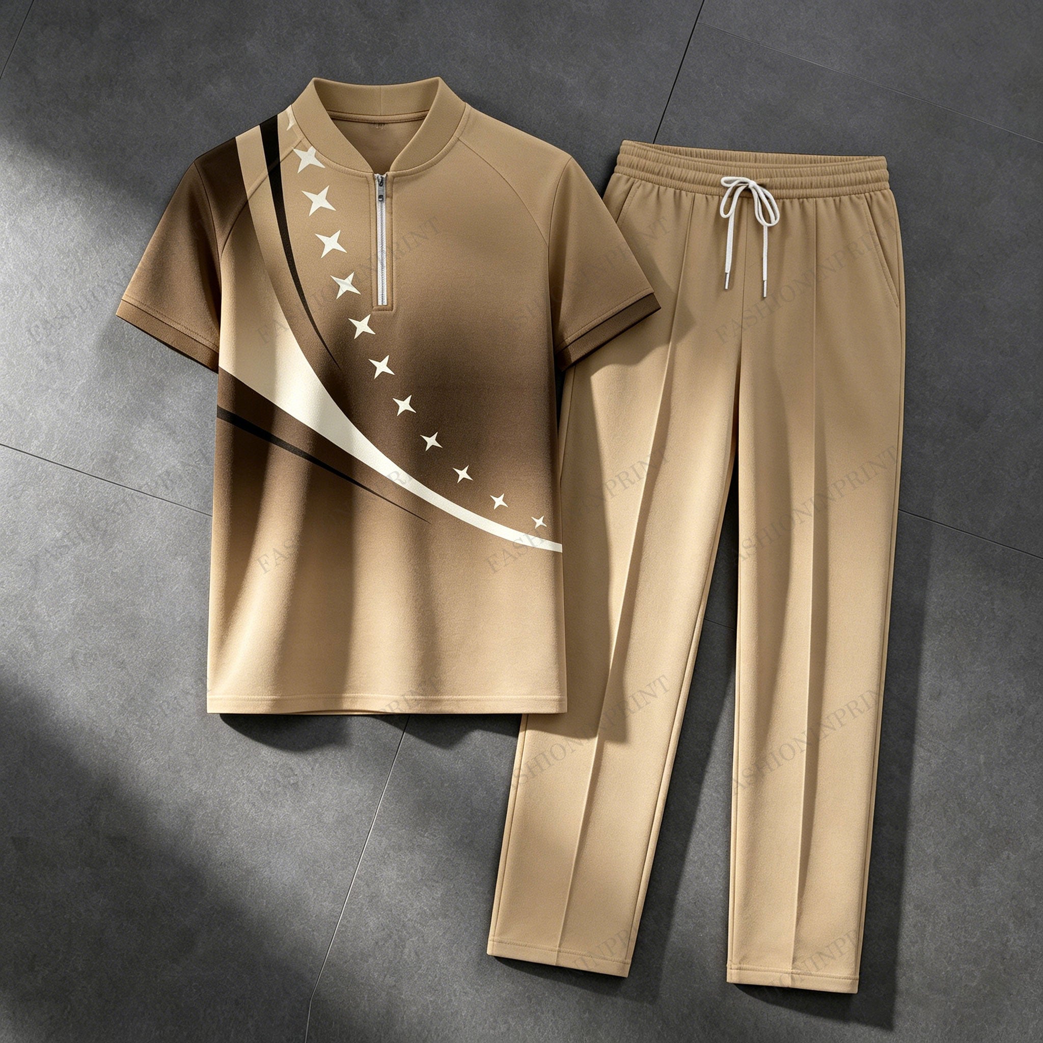 Men's Casual Khaki Gradient Four-Pointed Star Geometric Print Crew Neck Short-Sleeve Shirt & Long Pants Set With Zipper Detail