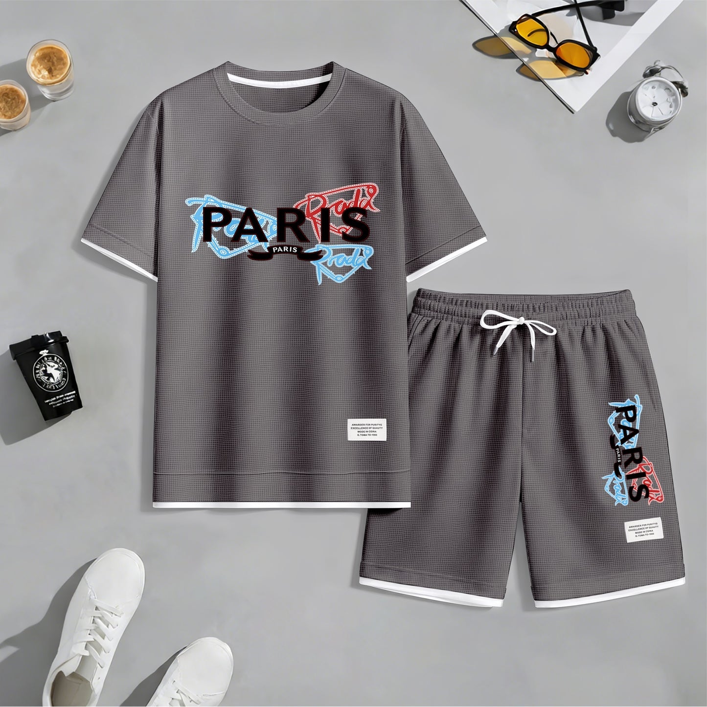Men's PARIS Red & Blue Graffiti Letter Print Short Sleeve T-Shirt & Shorts Set, Summer Lightweight Waffle Sporty Casual Two-Piece Outfit, Streetwear for Gym & Daily Wear