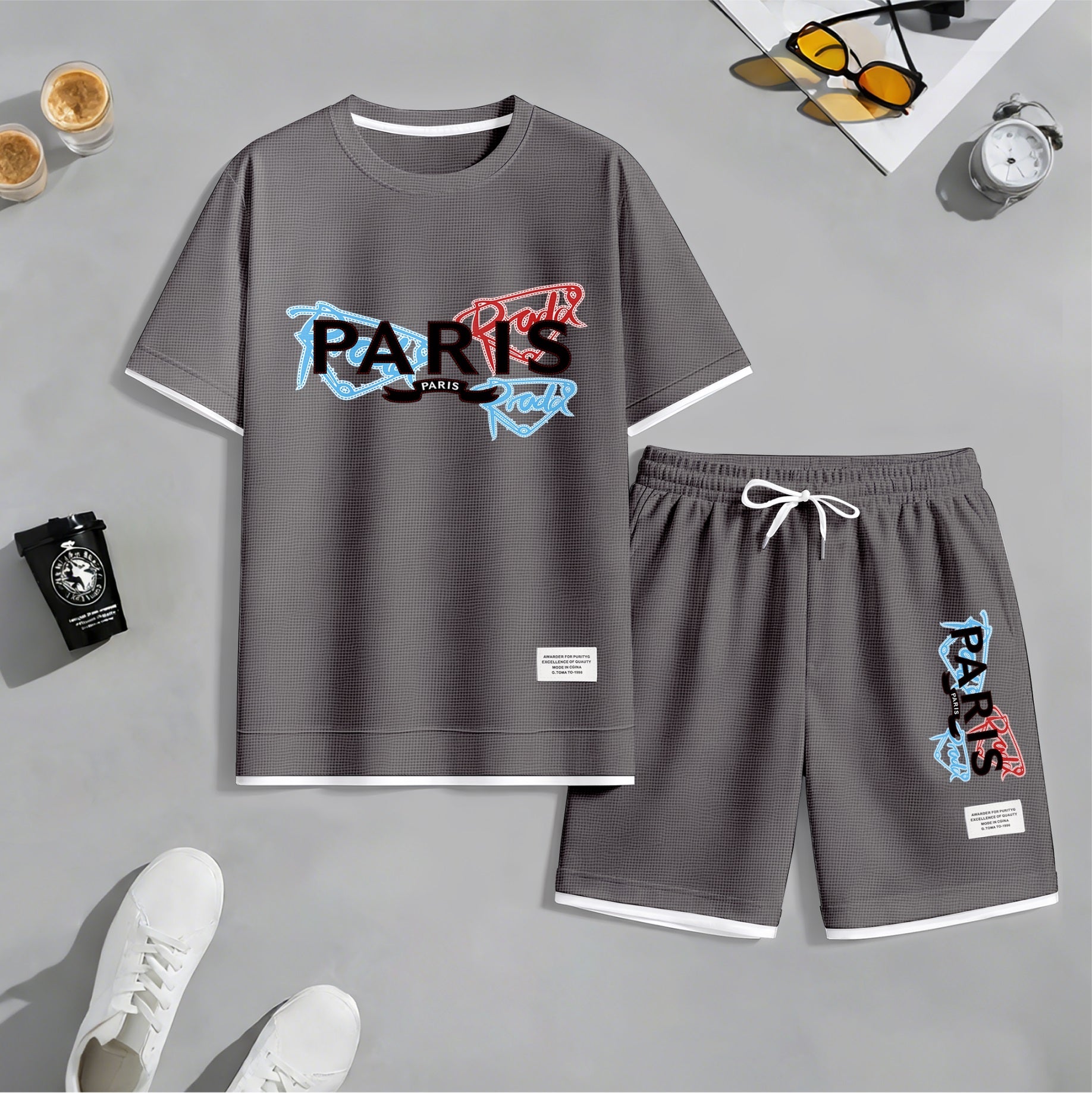 Men's PARIS Red & Blue Graffiti Letter Print Short Sleeve T-Shirt & Shorts Set, Summer Lightweight Waffle Sporty Casual Two-Piece Outfit, Streetwear for Gym & Daily Wear