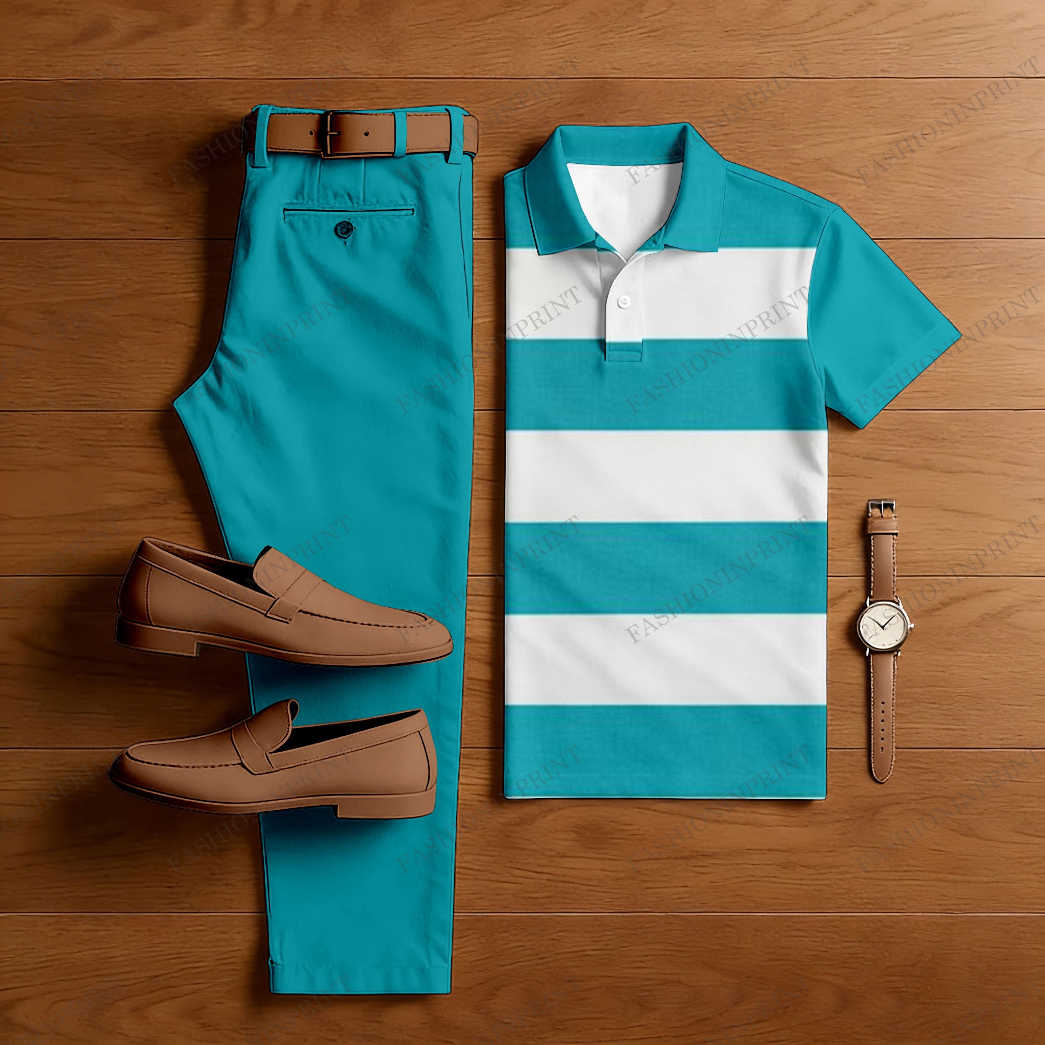Men's Casual Lake Blue Color Matching Striped Printed Short Sleeved Polo Shirt & Trousers Two-Piece Set