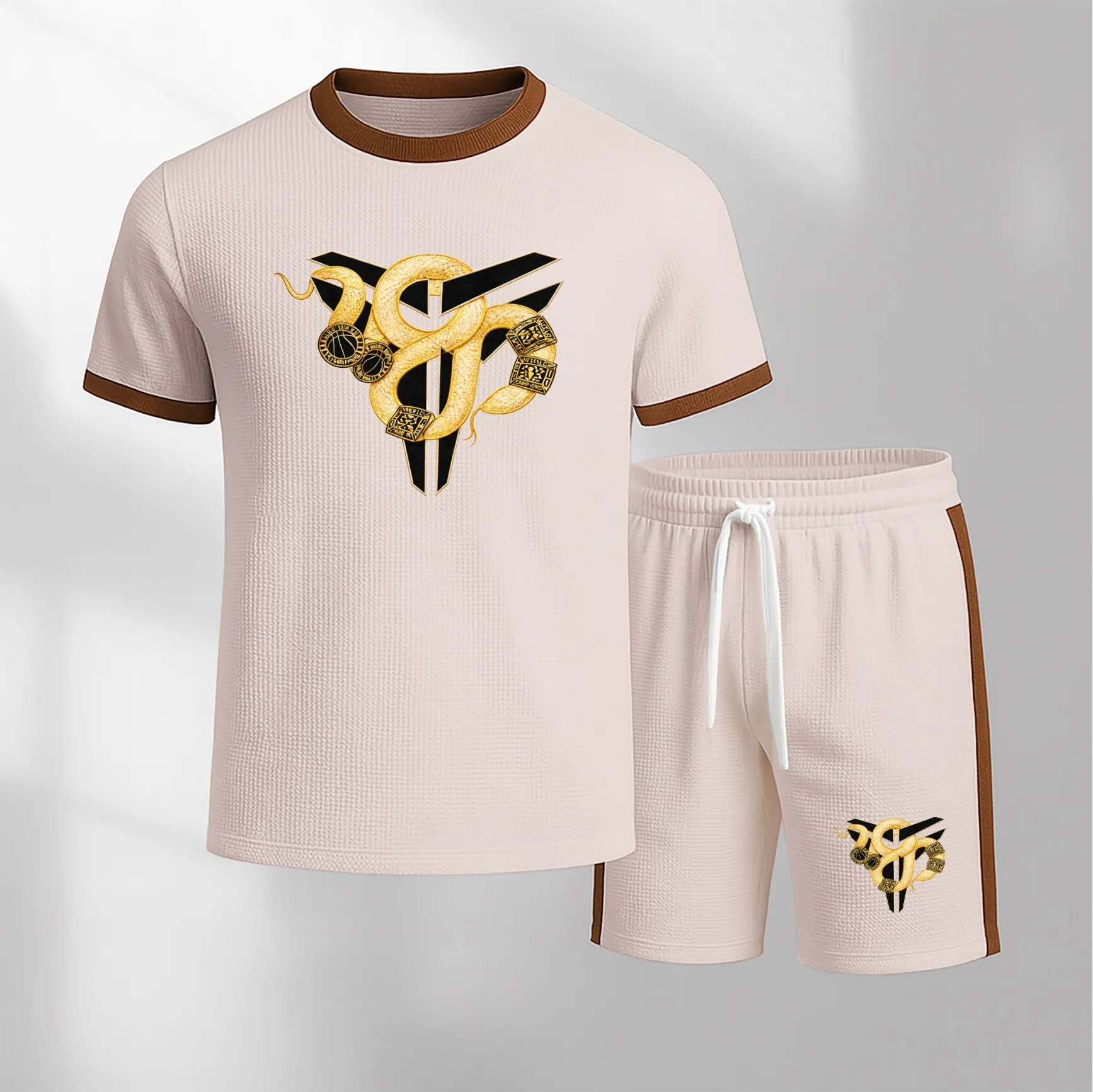 Men's Patterned Short-Sleeved T-Shirt And Drawstring Shorts Set, Men's Clothing, Casual Sports Short-Sleeved Top And Shorts, Men's Summer Everyday Wear, Indoor And Outdoor Sportswear, Sports Set.