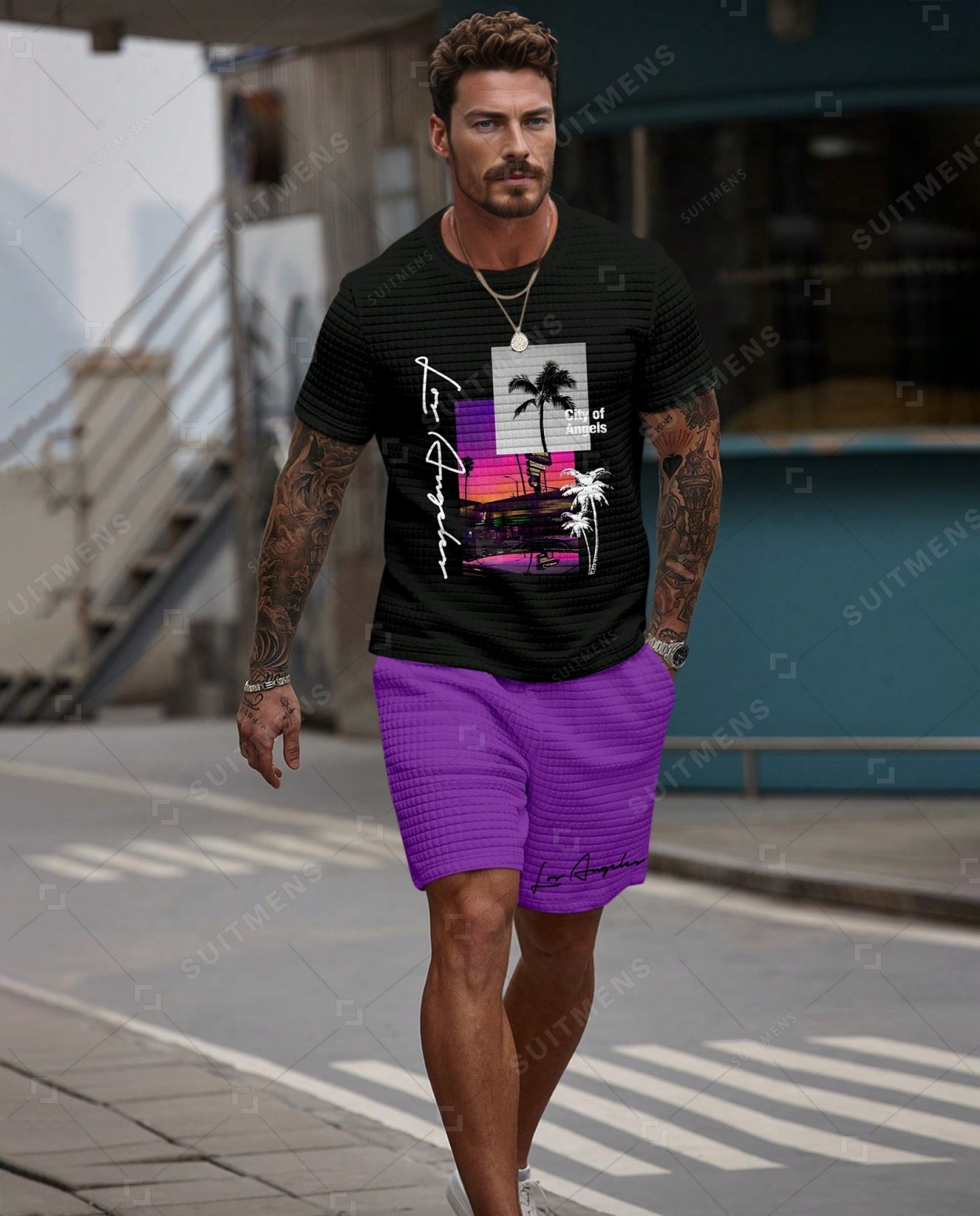 Men's Casual Waffle Textured Summer Round Neck Short Sleeve Shorts Set 007