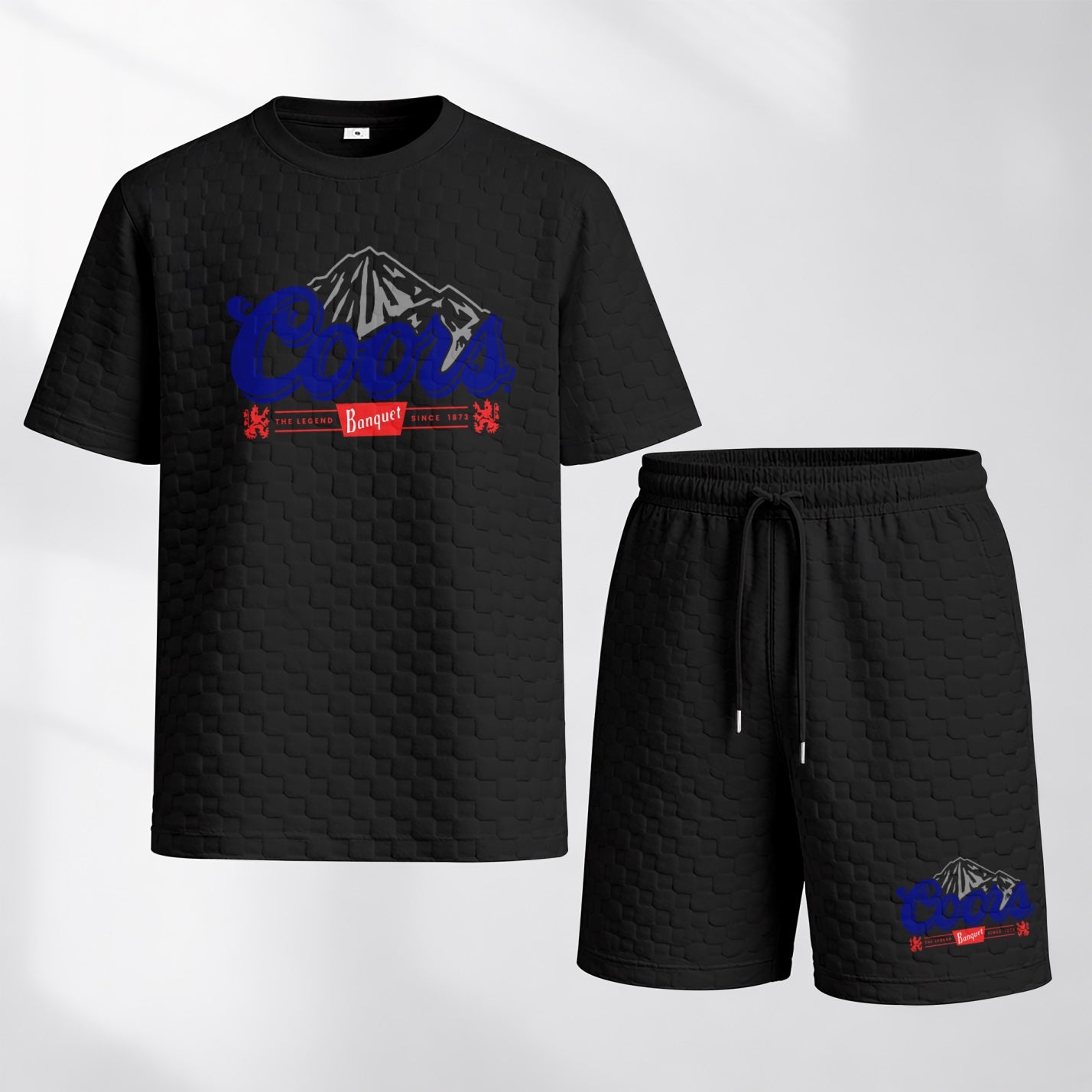 Men's Spring And Summer Vintage Beer Print With Red And Black Line Checkered Fabric Drawstring Shorts Set, Casual Summer Outfit With Short-Sleeved Shirt And Shorts, Ideal For Everyday Wear And Sports Activities