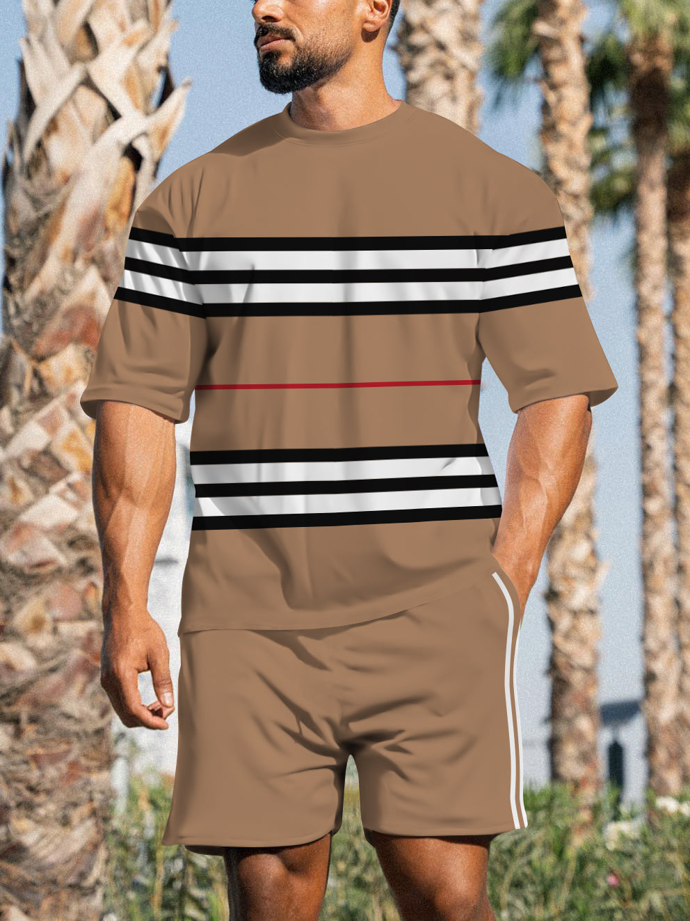 Men's Casual Sports Street Simple Color Block Printed Shorts Suit 007