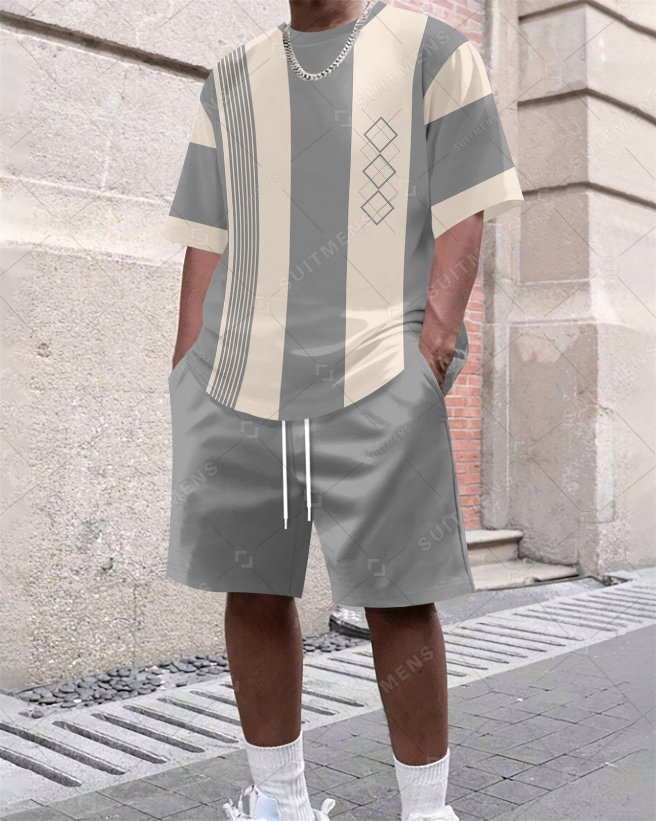 Men's Summer Colorblock Printed Round Neck Set 430