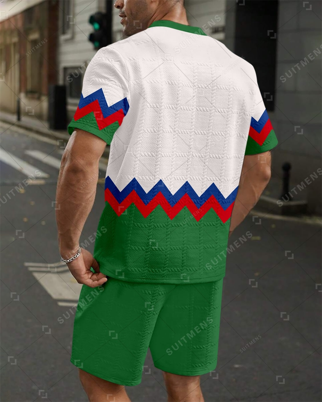 Men's Jacquard Textured Color Block Printed Short Sleeve Shorts Set 004
