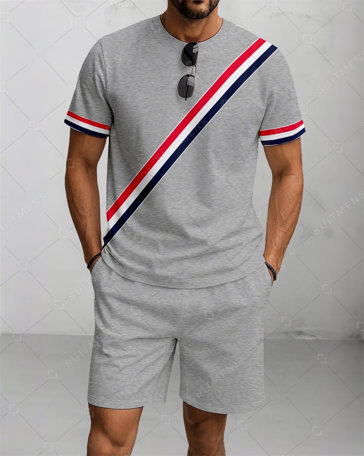Men's Summer Colorblock Printed Round Neck Suit 079