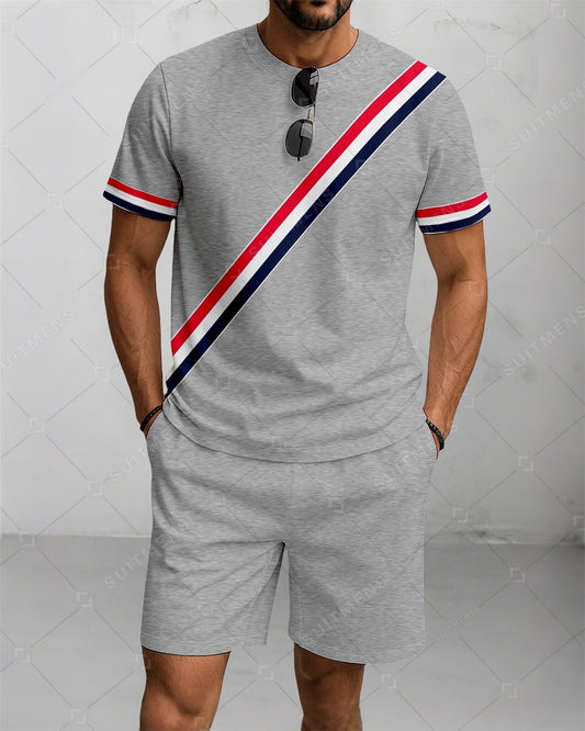 Men's Summer Colorblock Printed Round Neck Suit 079