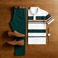 Men's Casual White & Green Geometric Shapes Printed Polo Shirt And Pants Two-Piece Set