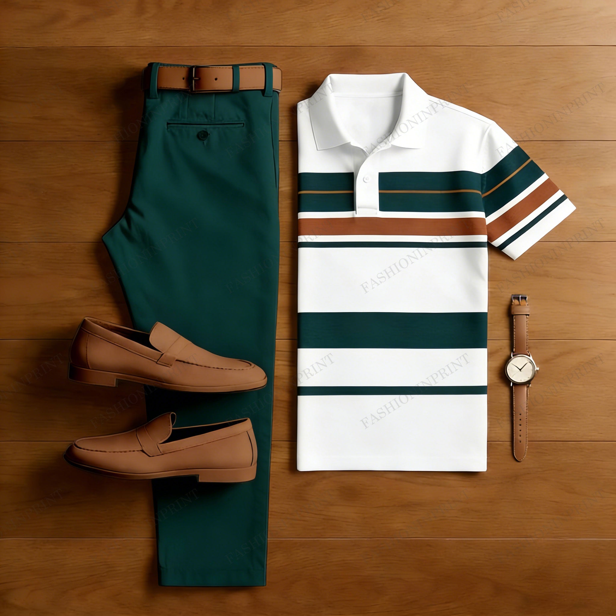 Men's Casual White & Green Geometric Shapes Printed Polo Shirt And Pants Two-Piece Set