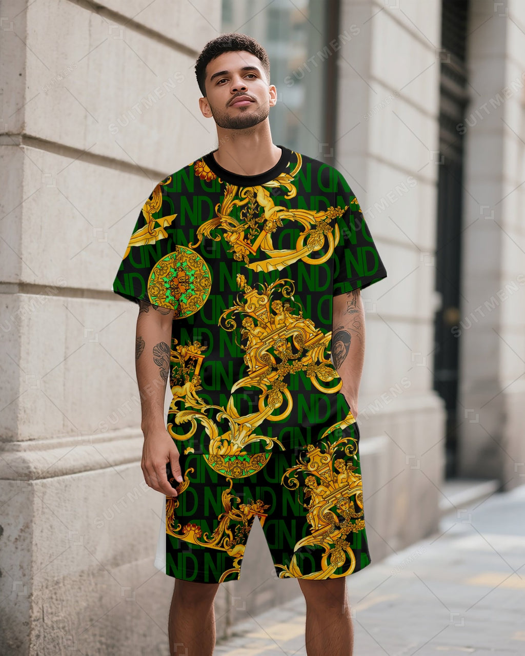 Men's Summer Gorgeous Pattern Printed Round Neck Suit 049