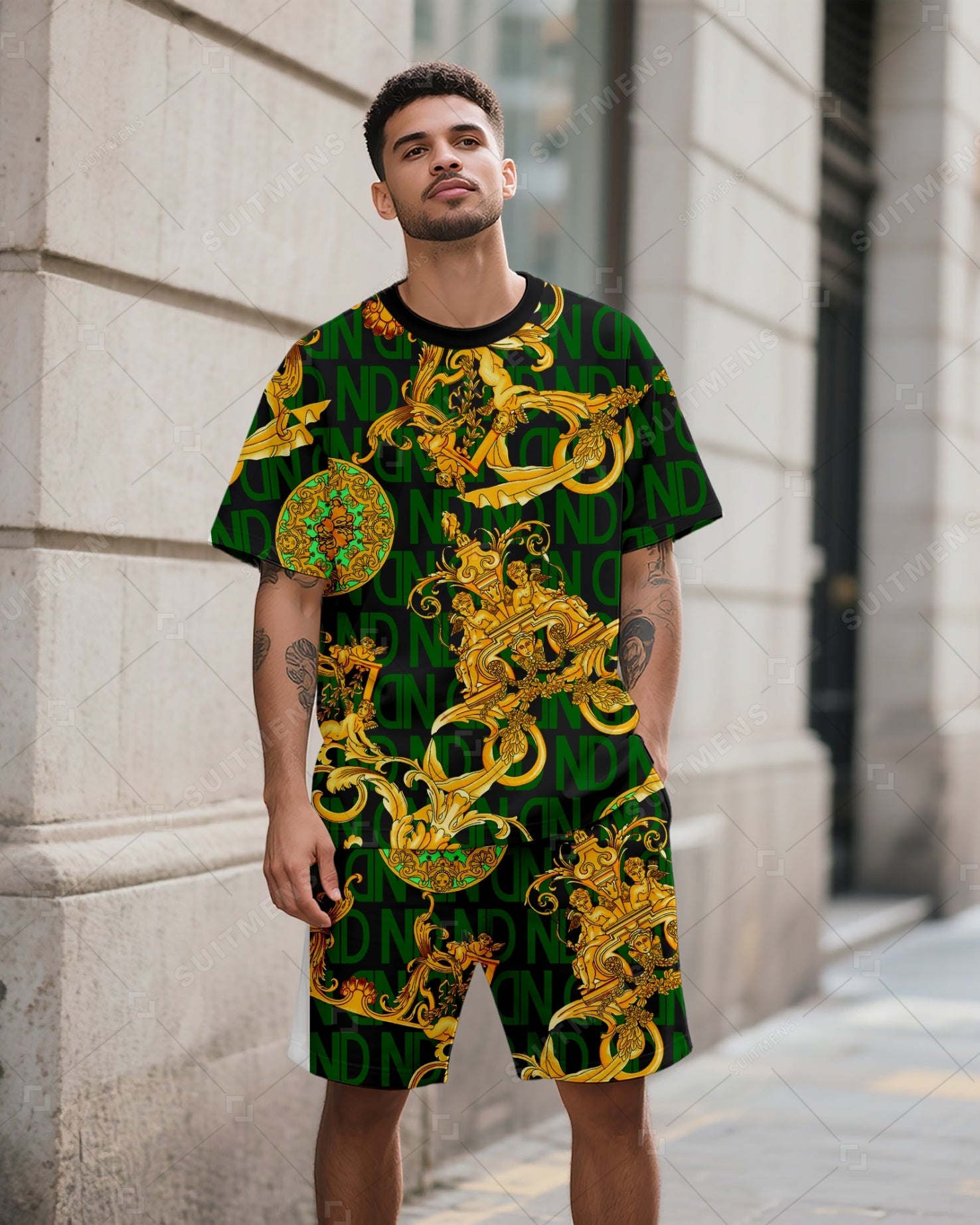 Men's Summer Gorgeous Pattern Printed Round Neck Suit 049